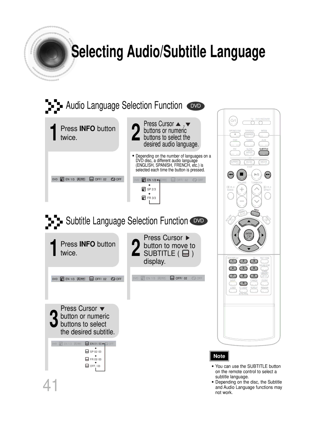 Samsung HT-DS100N/EDC, HTDS1000TH/XAA, HT-DS1100R/EDC manual Selecting Audio/Subtitle Language, 1Press Info button twice 