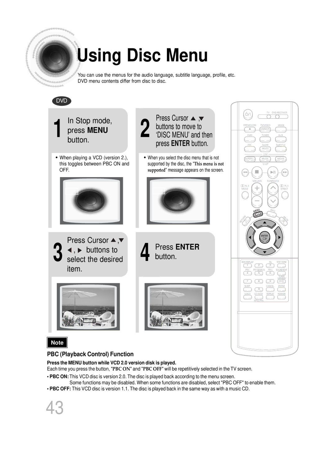 Samsung HTDS1000TH/XAA, HT-DS100N/EDC manual Using Disc Menu, Stop mode, Press Cursor, Buttons to, Select the desired 