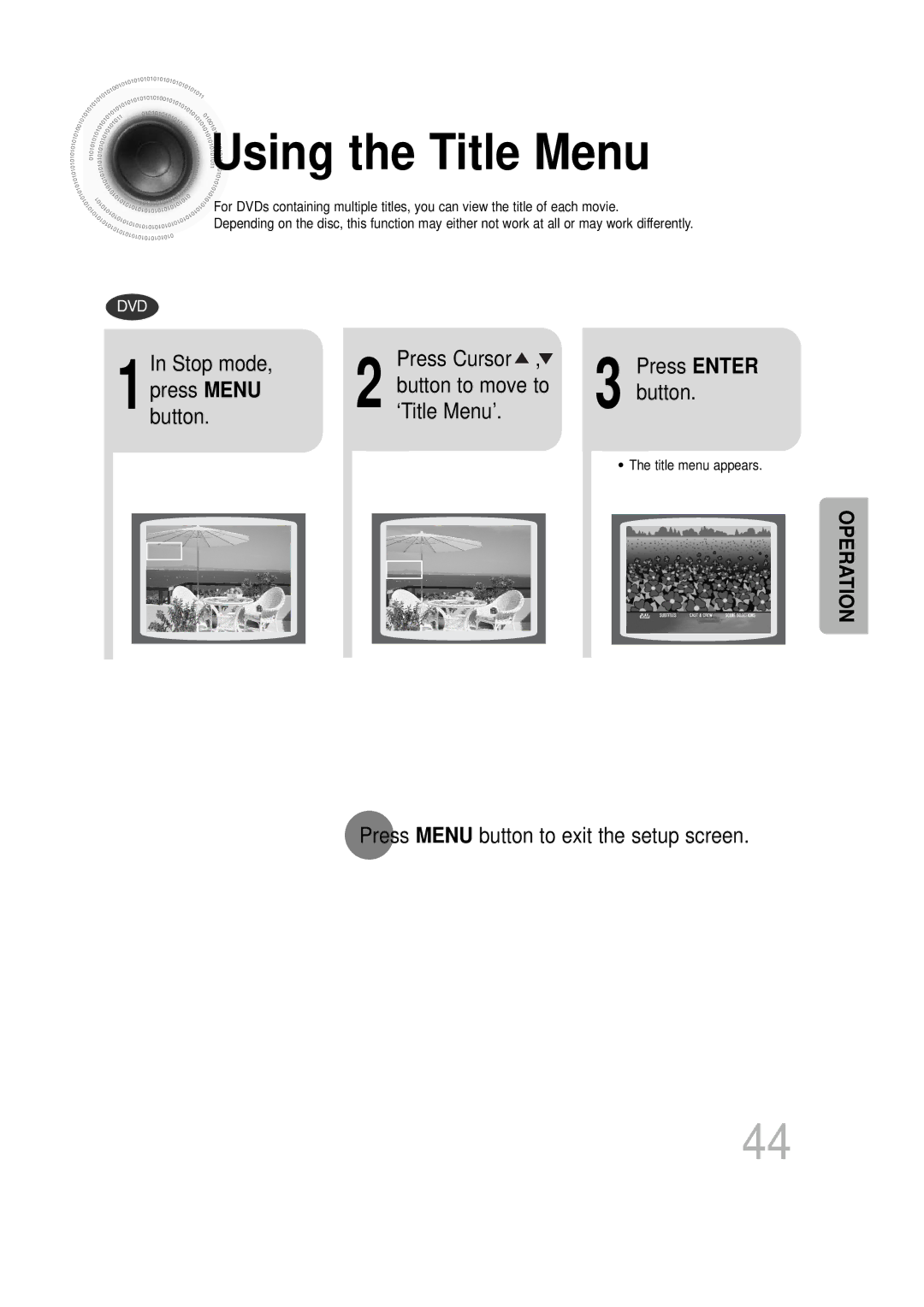 Samsung HT-DS1100R/EDC Using the Title Menu, Button to move to ‘Title Menu’, Press Menu button to exit the setup screen 