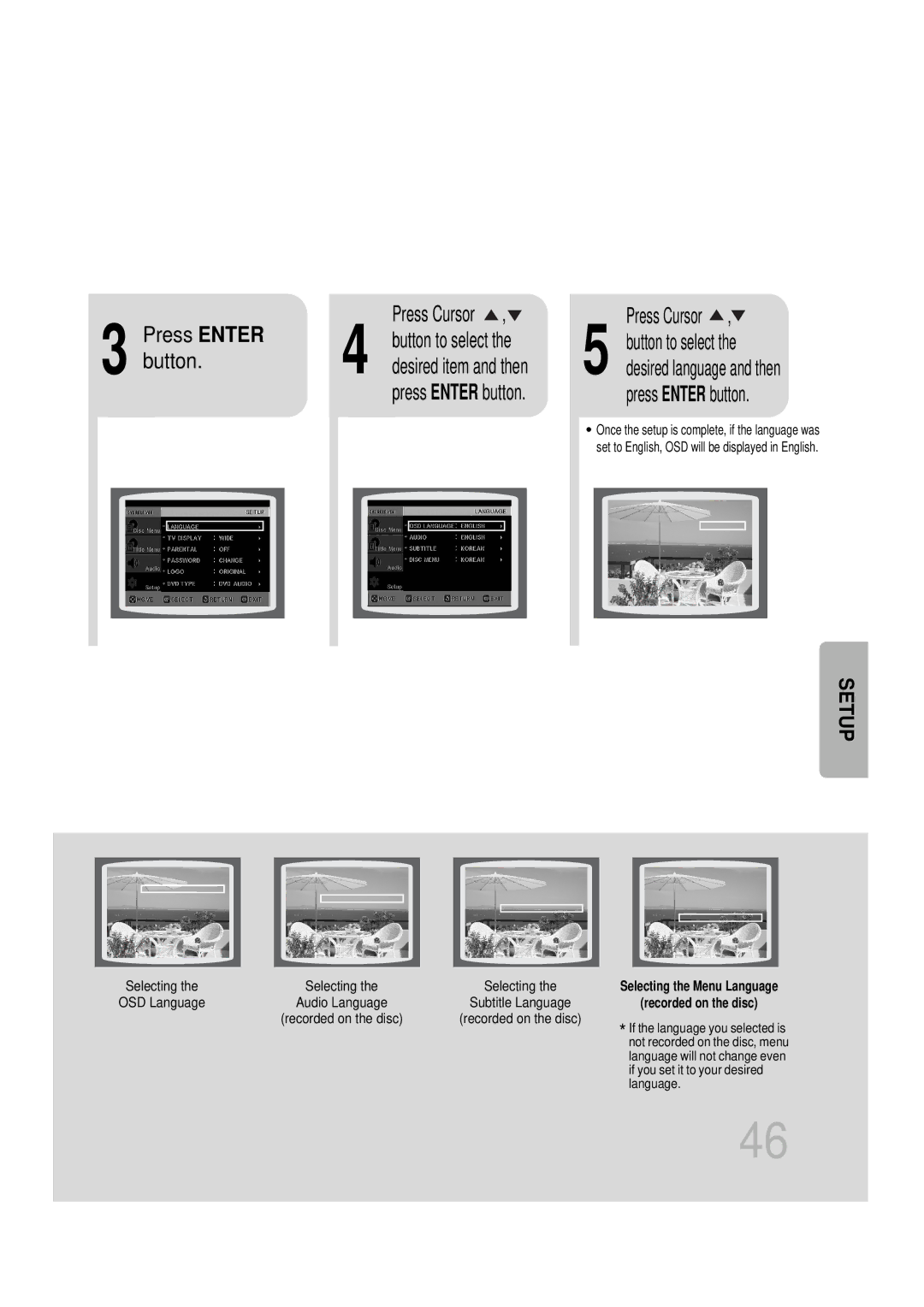 Samsung HTDS1000RH/EDC, HT-DS100N/EDC, HTDS1000TH/XAA, HT-DS1100R/EDC, HTDS100B/EDC manual Press Enter Press Cursor, Setup 