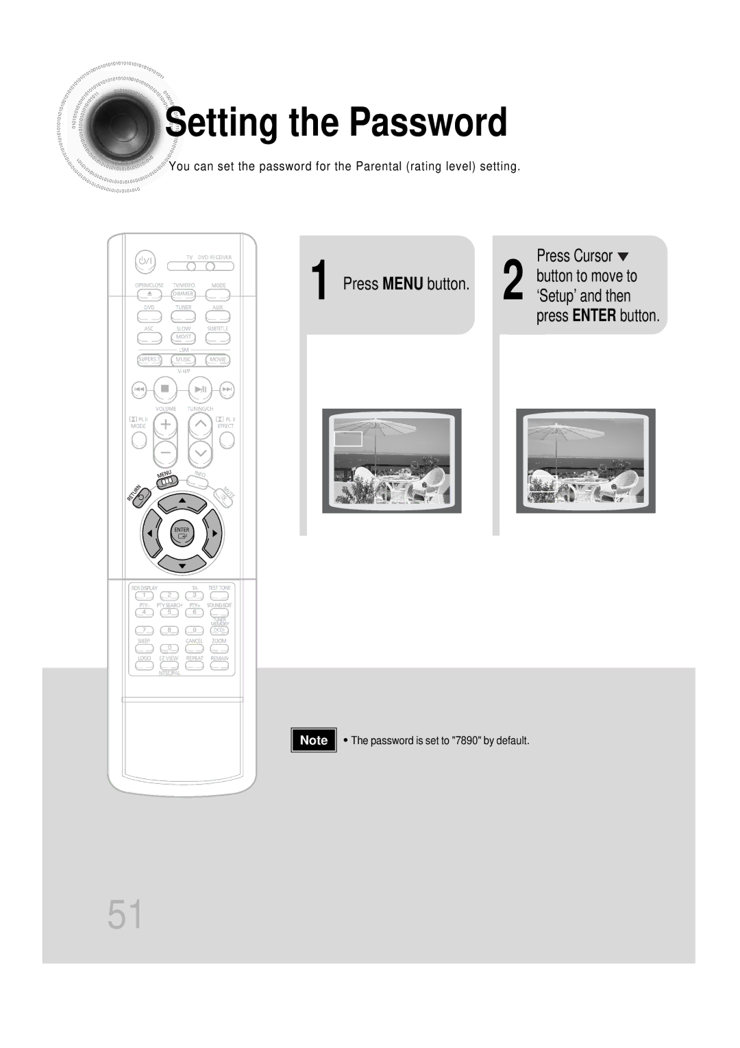 Samsung HT-DS1100R/ELS, HT-DS100N/EDC manual Setting the Password, Press Cursor Button to move to Press Menu button 