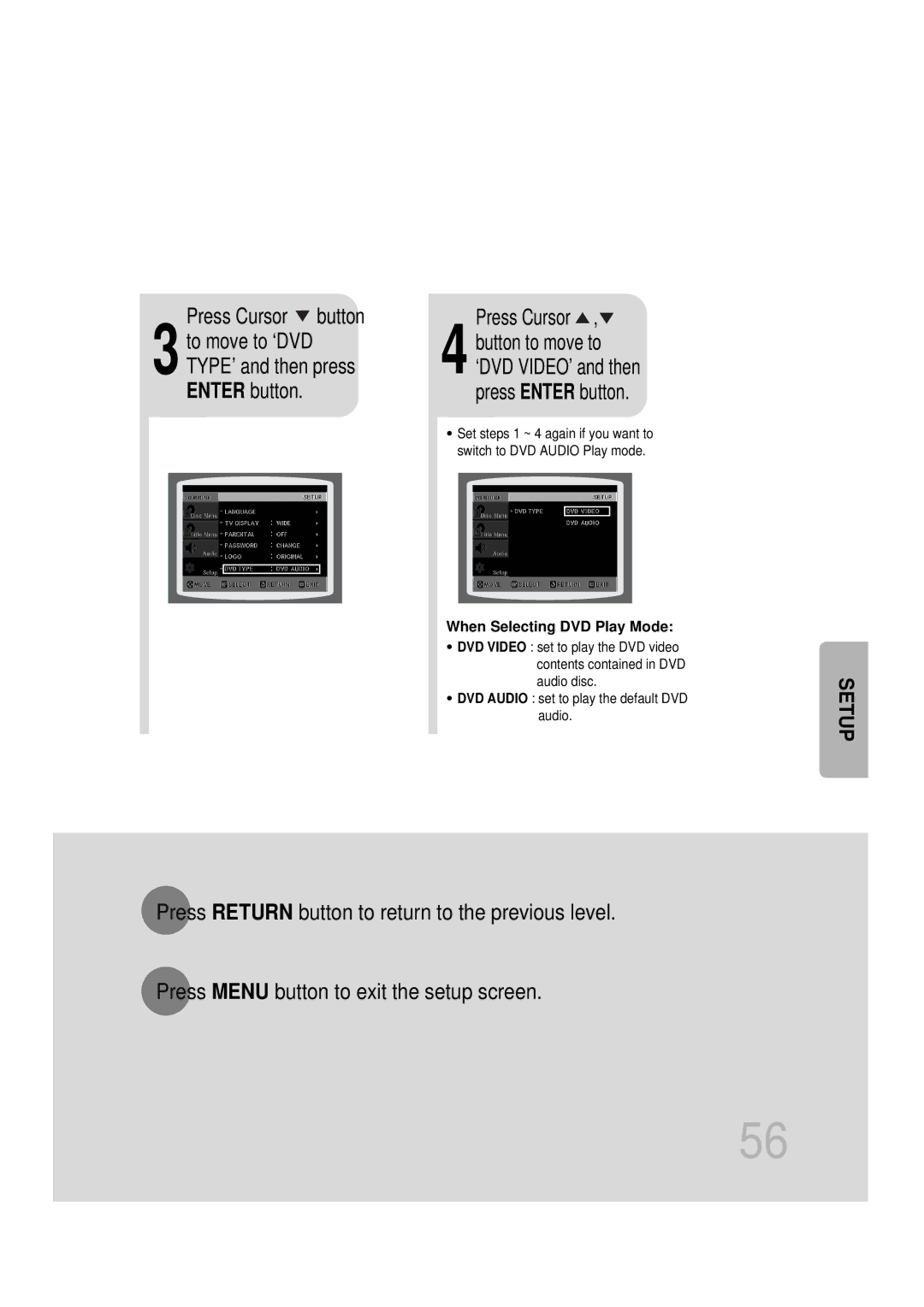 Samsung HT-DS100N/EDC, HTDS1000TH/XAA, HT-DS1100R/EDC, HTDS100B/EDC manual To move to ‘DVD TYPE’ and then press Enter button 