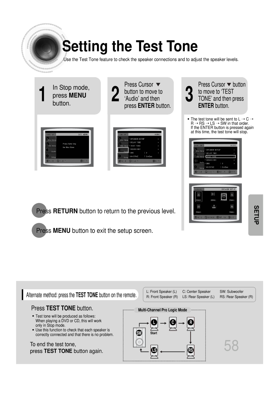 Samsung HT-DS1100R/EDC, HT-DS100N/EDC manual Setting the Test Tone, Press Menu ‘Audio’ and then, Press Test Tone button 