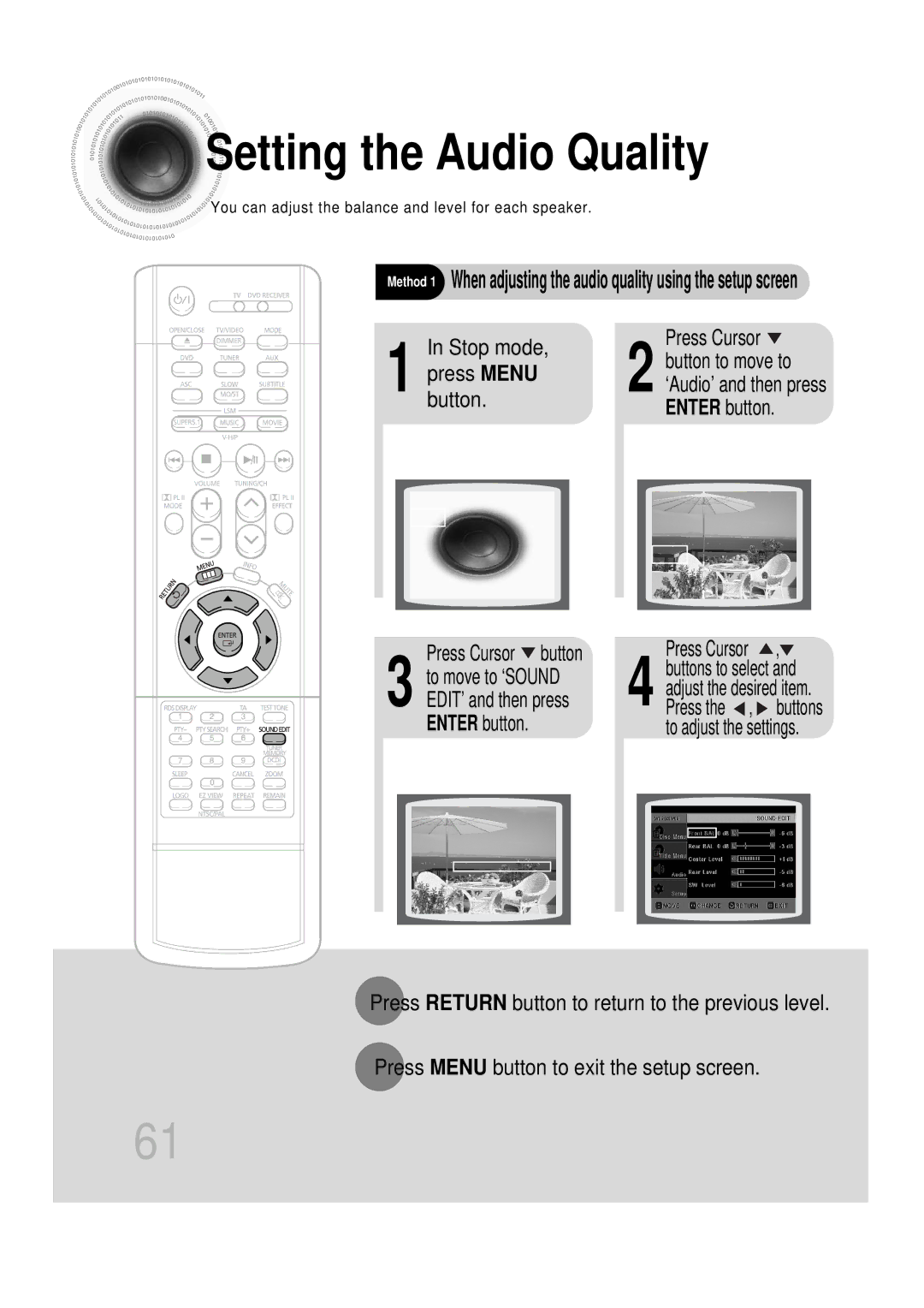 Samsung HTDS100RH/ELS, HT-DS100N/EDC, HTDS1000TH/XAA Setting the Audio Quality, Button Enter button Press Cursor button 