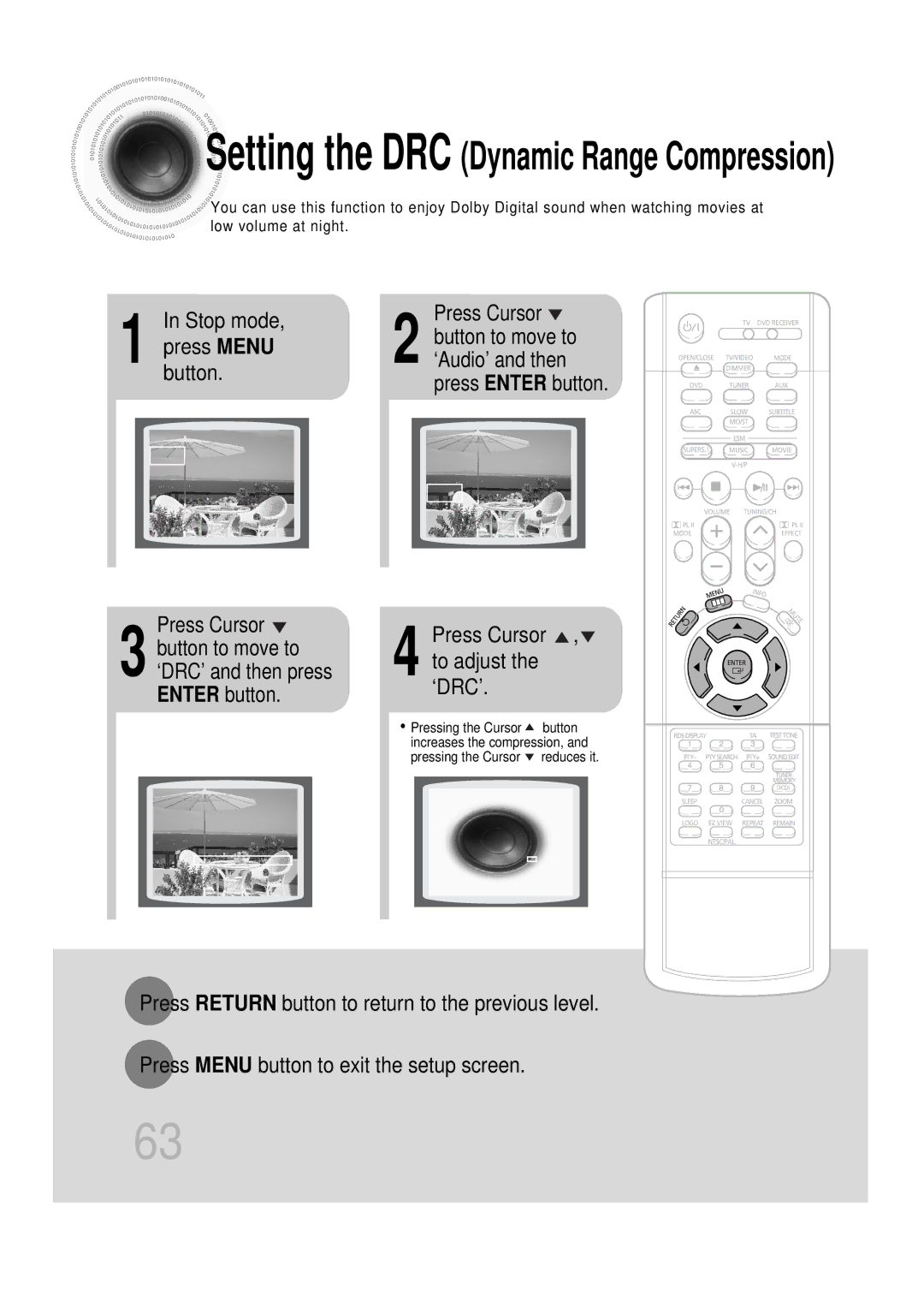 Samsung HTDS1000RH/ELS, HT-DS100N/EDC manual Press Menu ‘Audio’ and then Button, Press Cursor , to adjust the ‘DRC’ 