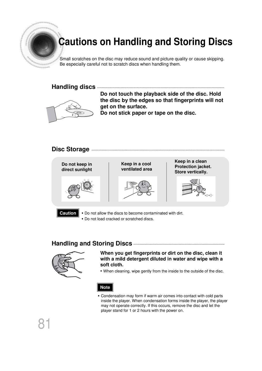 Samsung HTDS100RH/XFO, HT-DS100N/EDC, HTDS1000TH/XAA manual Handling discs, Disc Storage, Handling and Storing Discs 