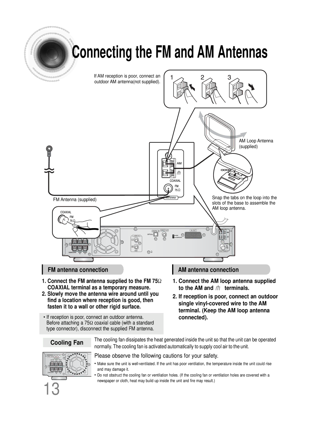 Samsung HT-DS100N/EDC, HTDS100B/EDC, HTDS100RH/ELS, HTDS100RH/EDC, HTDS100TH/XAA manual Connecting the FM and AM Antennas 