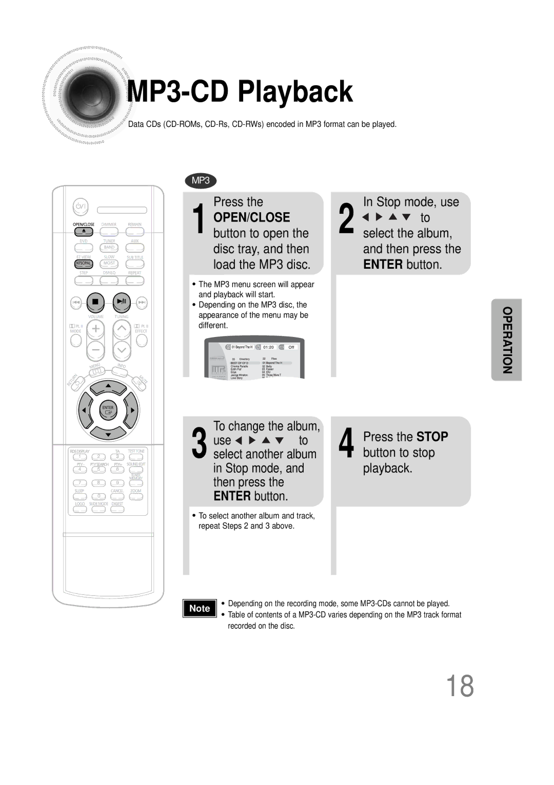 Samsung HTDS100TH/XAA, HT-DS100N/EDC manual MP3 -CD Playback, Press, Stop mode, use, Use, Stop mode, Playback Then press 