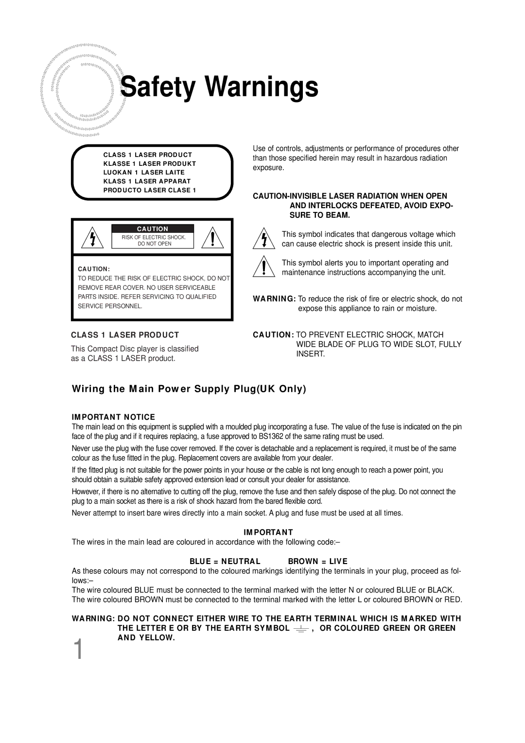 Samsung HTDS100B/EDC, HT-DS100N/EDC, HTDS100RH/ELS, HTDS100RH/EDC, HTDS100TH/XAA Safety Warnings, Class 1 Laser Product 