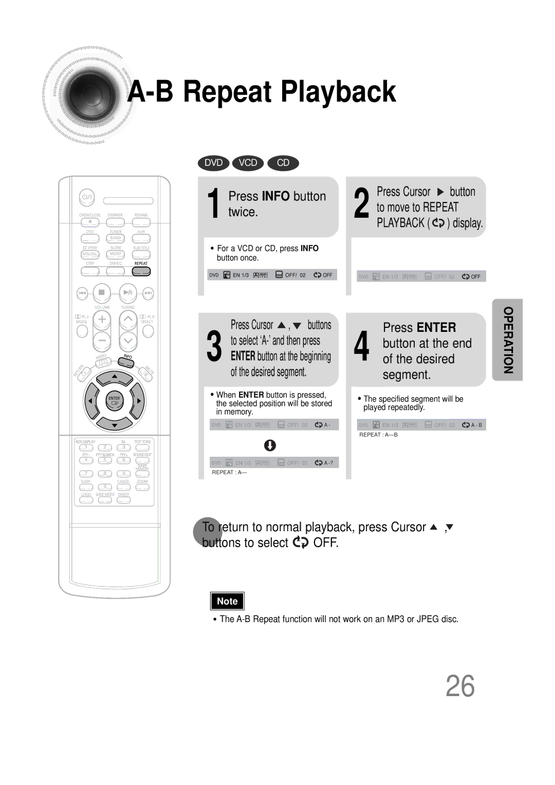 Samsung HTDS100RH/XFO, HT-DS100N/EDC, HTDS100B/EDC, HTDS100RH/ELS, HTDS100RH/EDC manual Press Info button twice, Press Enter 