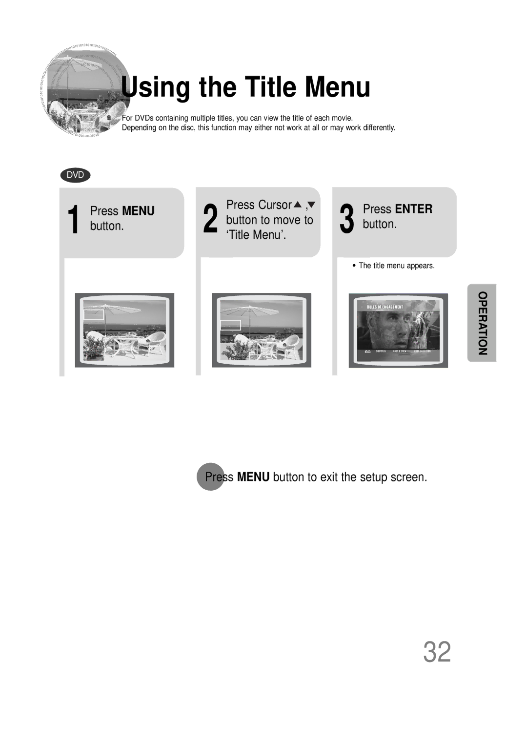 Samsung HTDS100TH/XAA, HT-DS100N/EDC manual Using the Title Menu, Press Menu, Button to move to, Button ‘Title Menu’ 