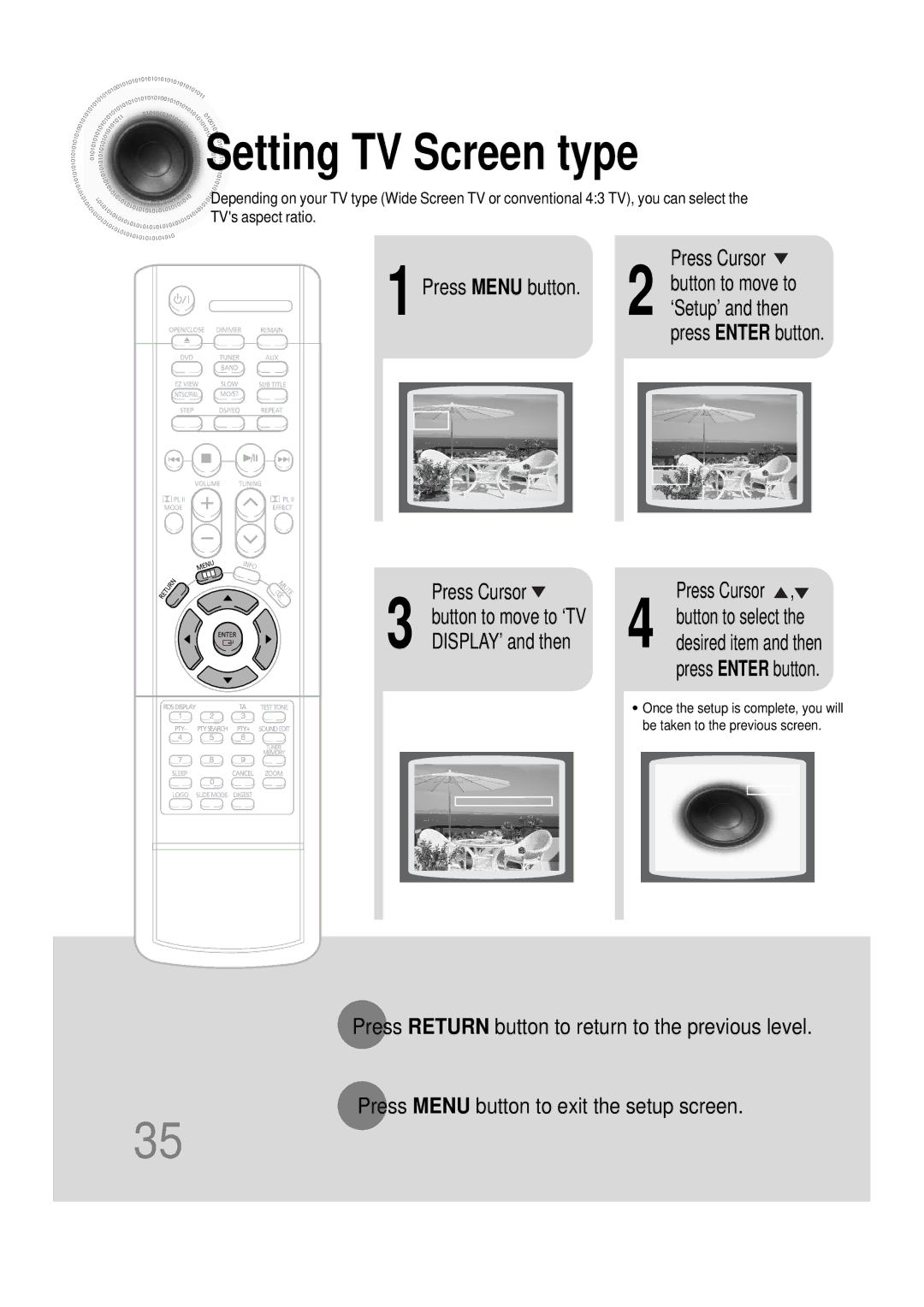 Samsung HT-DS100N/EDC, HTDS100B/EDC, HTDS100RH/ELS, HTDS100RH/EDC, HTDS100TH/XAA Setting TV Screen type, Press Enter button 