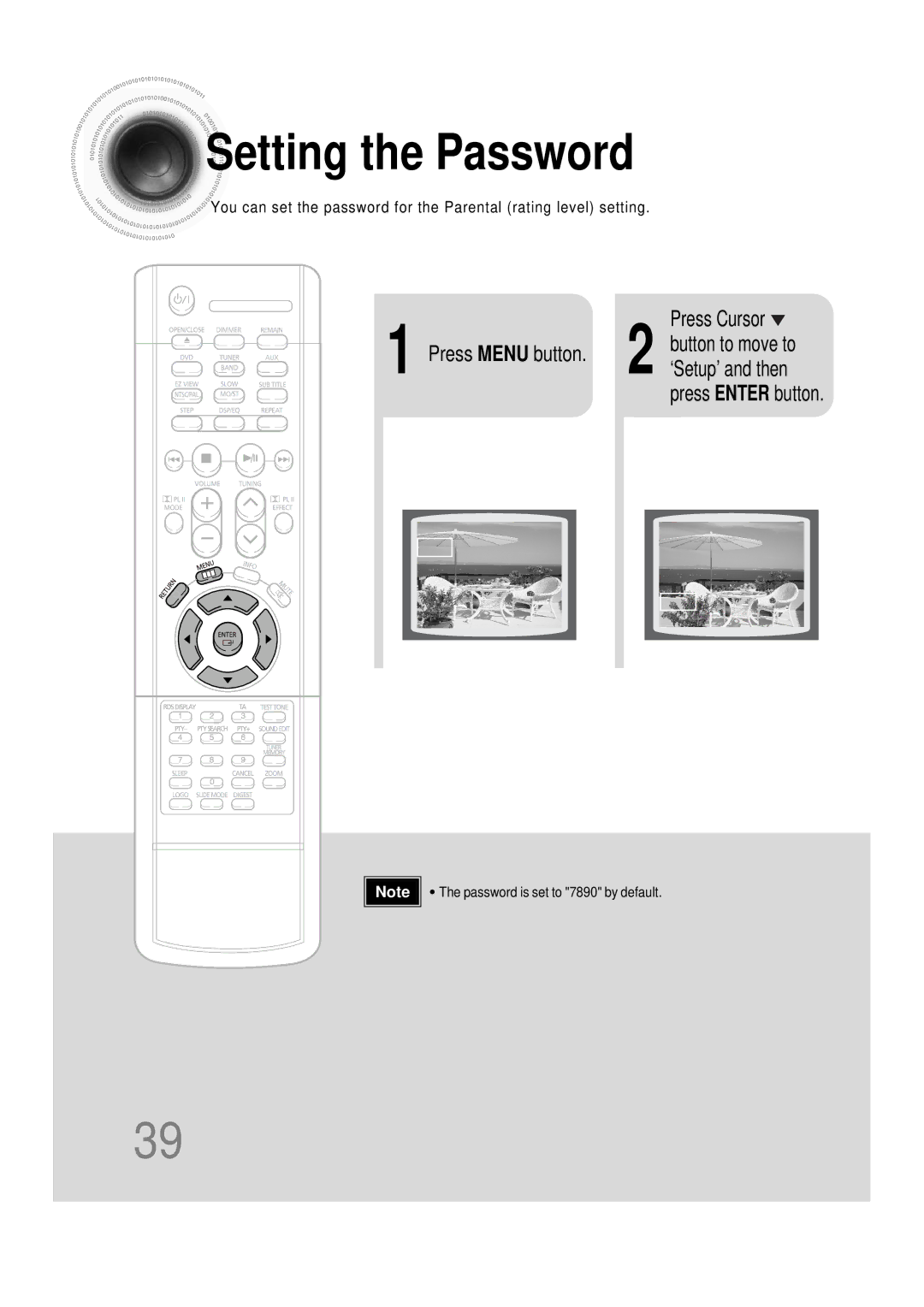 Samsung HTDS100TH/XAA, HT-DS100N/EDC manual Setting the Password, Press Cursor Button to move to Press Menu button 