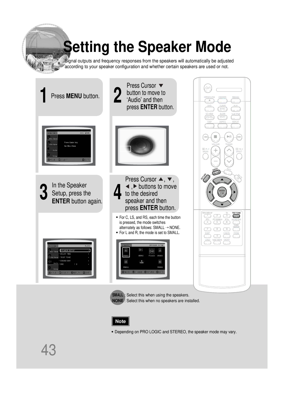 Samsung HTDS100B/EDC, HT-DS100N/EDC, HTDS100RH/ELS manual Setting the Speaker Mode, Press Enter button Press Cursor 