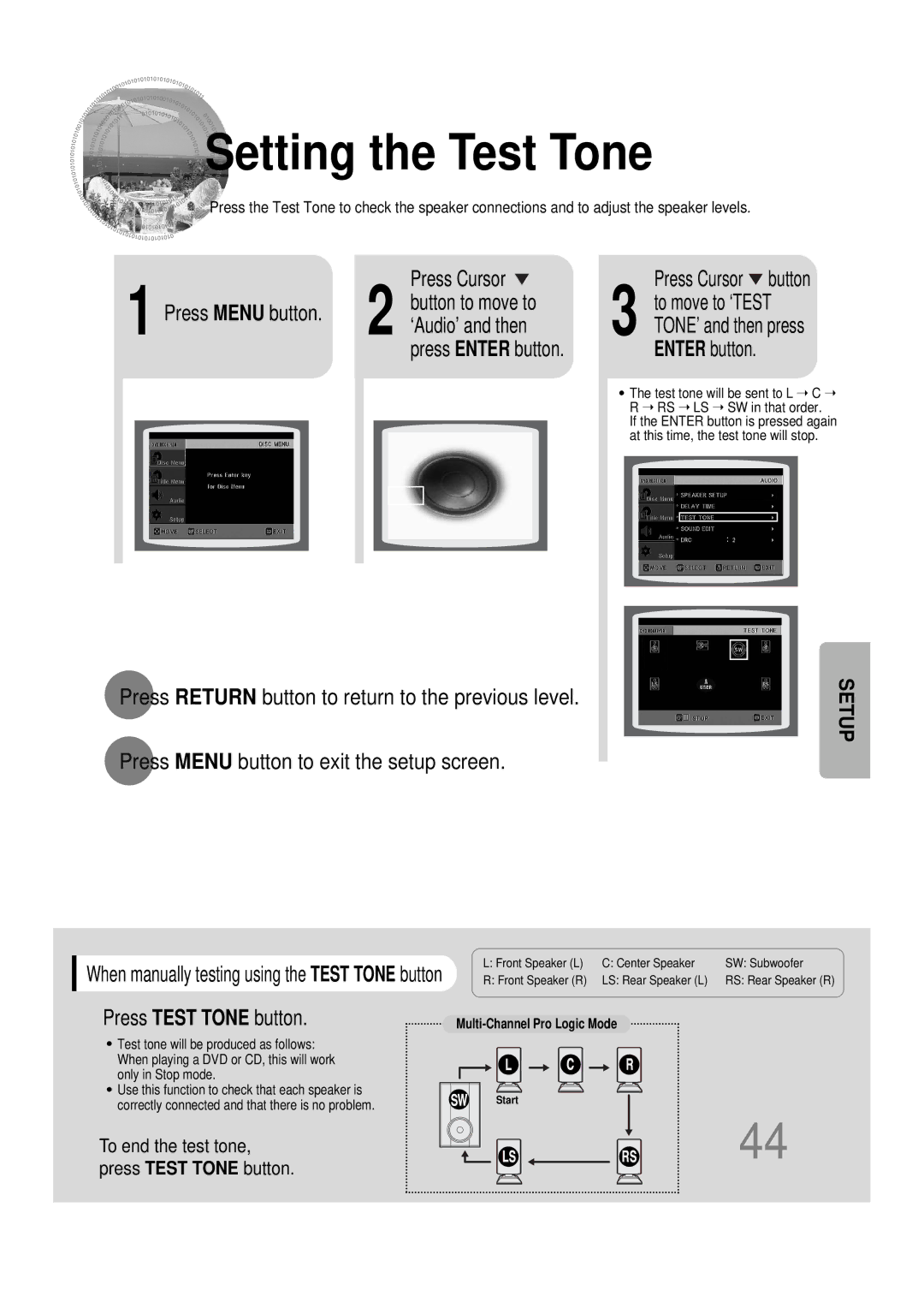 Samsung HTDS100RH/ELS, HT-DS100N/EDC, HTDS100B/EDC manual Setting the Test Tone, ‘Audio’ and then, Press Test Tone button 