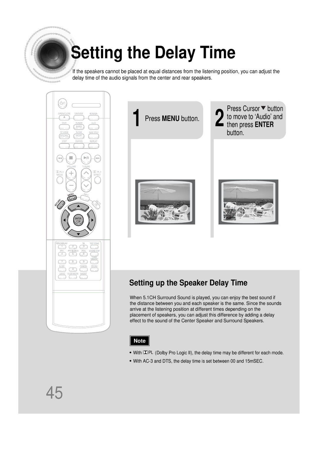 Samsung HTDS100RH/EDC, HT-DS100N/EDC, HTDS100B/EDC, HTDS100RH/ELS manual Setting the Delay Time, Press Cursor button 