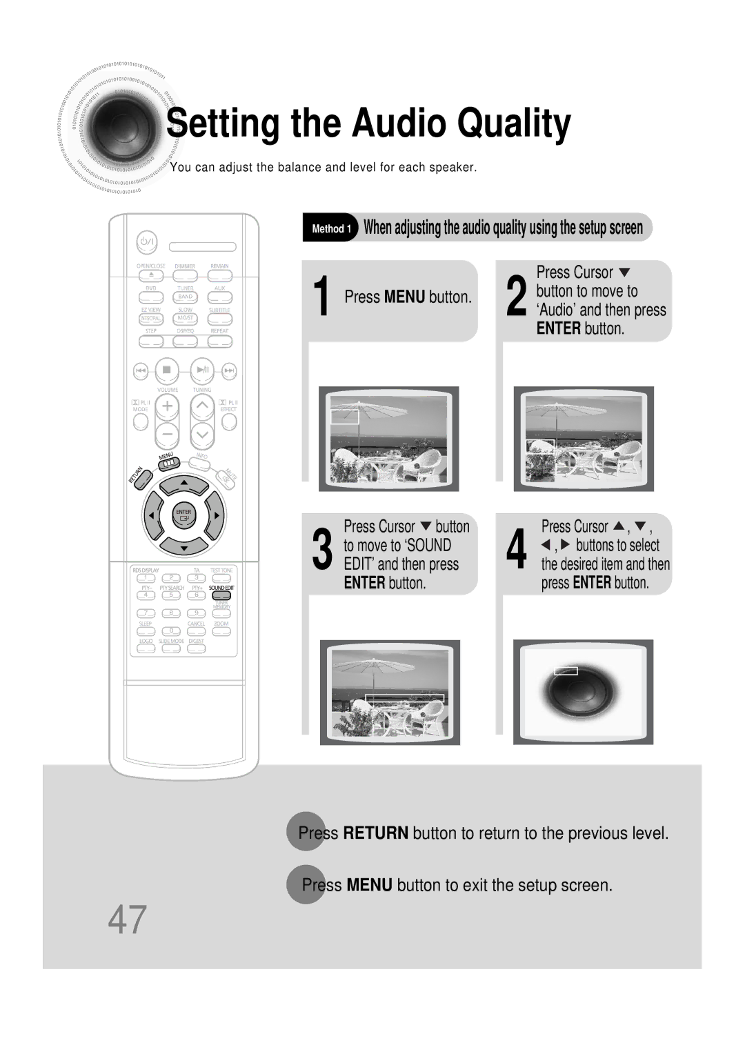 Samsung HTDS100RH/XFO, HT-DS100N/EDC, HTDS100B/EDC manual Setting the Audio Quality, Enter button Press Cursor button 