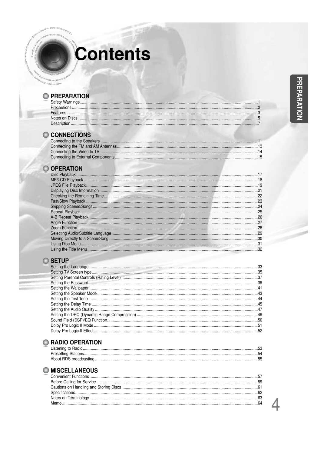 Samsung HTDS100TH/XAA, HT-DS100N/EDC, HTDS100B/EDC, HTDS100RH/ELS, HTDS100RH/EDC, HTDS100RH/XFO manual Contents 