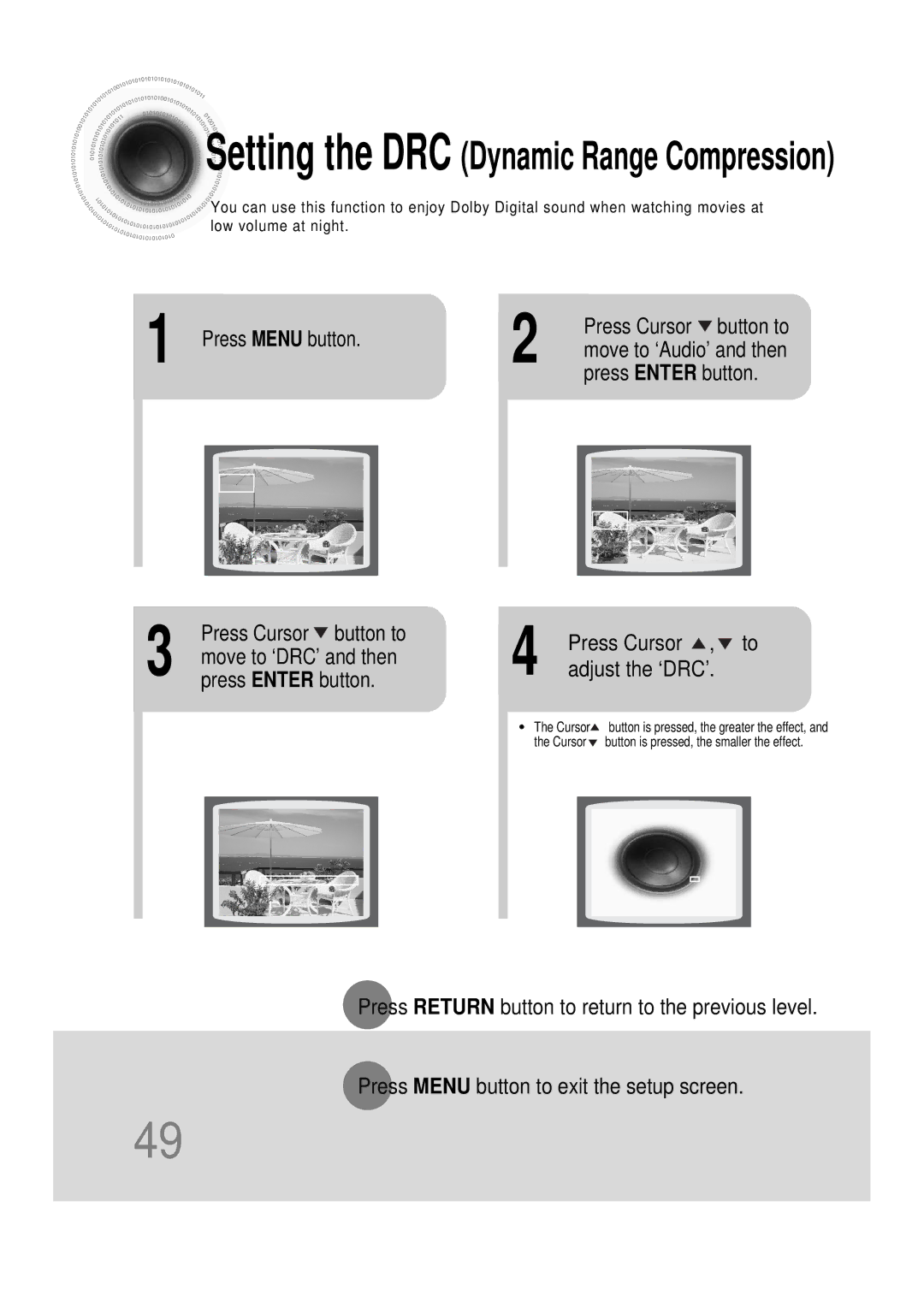 Samsung HT-DS100N/EDC, HTDS100B/EDC, HTDS100RH/ELS, HTDS100RH/EDC manual Press Menu button, Press Cursor , to adjust the ‘DRC’ 