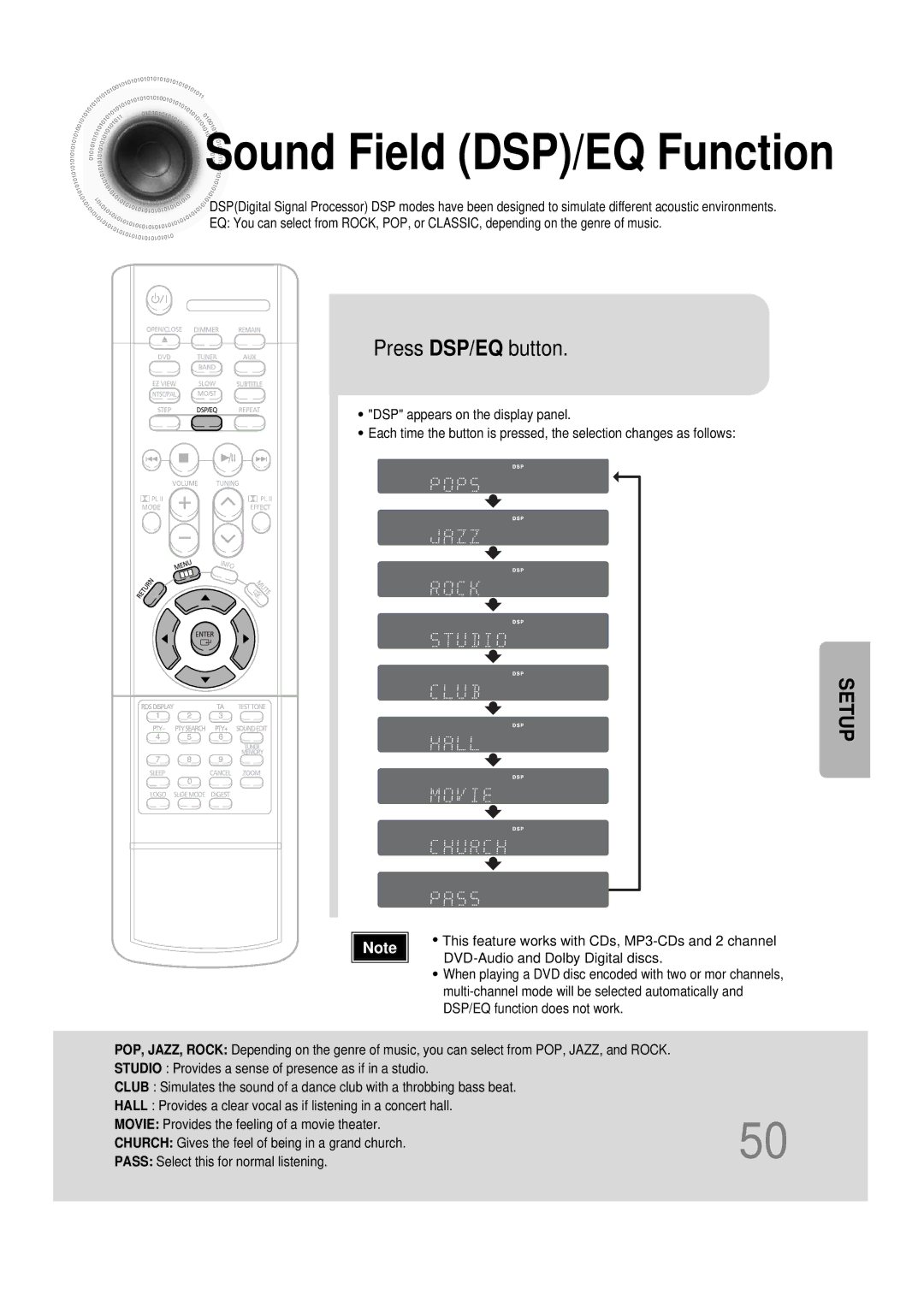 Samsung HTDS100B/EDC, HT-DS100N/EDC, HTDS100RH/ELS, HTDS100RH/EDC manual Sound Field DSP/EQ Function, Press DSP/EQ button 