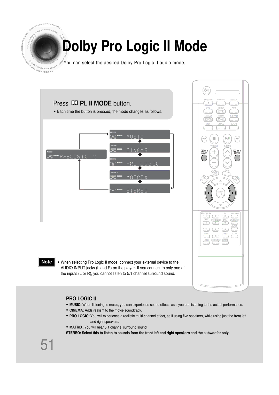 Samsung HTDS100RH/ELS, HT-DS100N/EDC, HTDS100B/EDC, HTDS100RH/EDC manual Dolby Pro Logic II Mode, Press PL II Mode button 