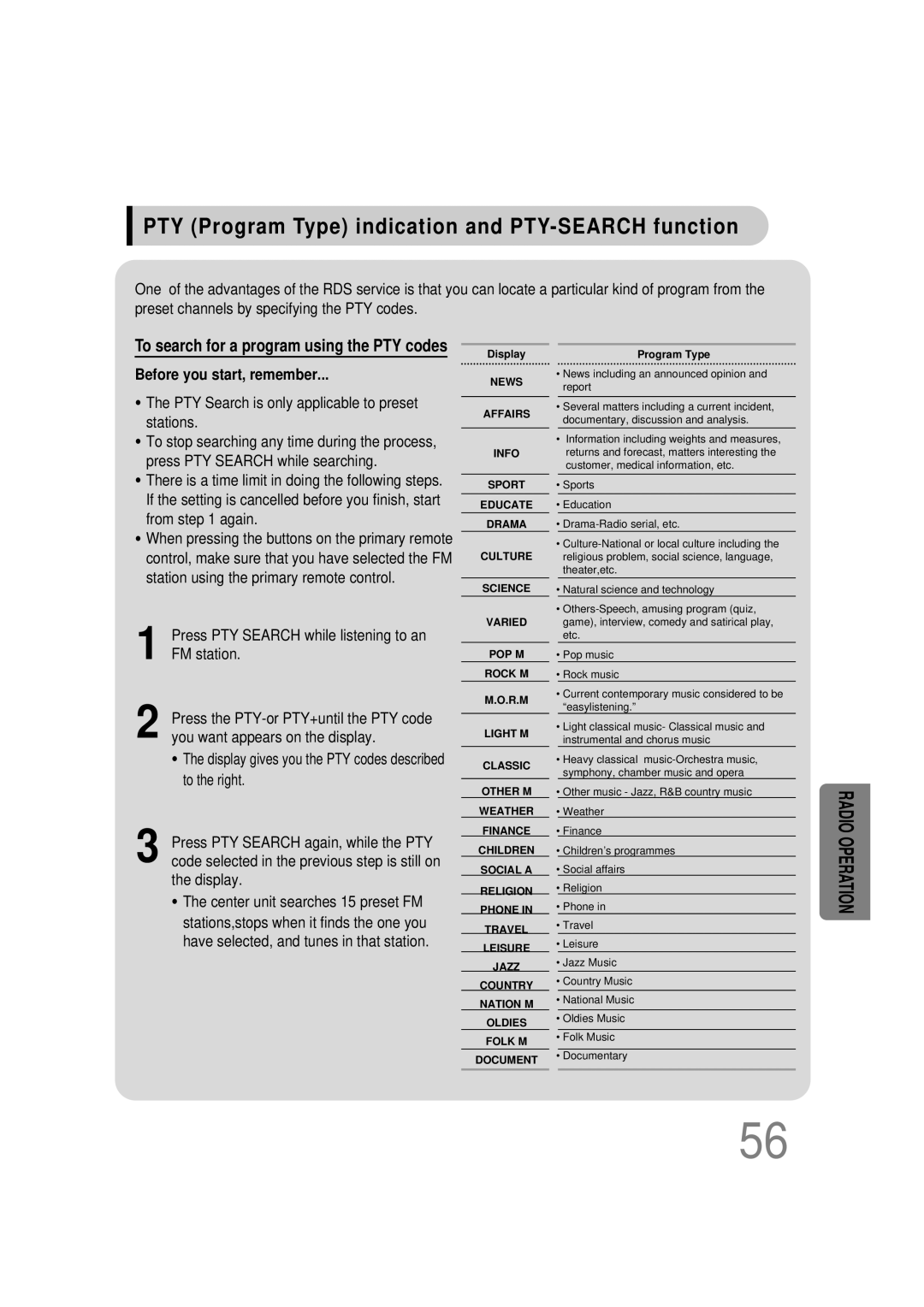 Samsung HT-DS100N/EDC, HTDS100B/EDC manual PTY Program Type indication and PTY-SEARCH function, Before you start, remember 