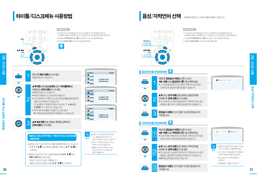 Samsung HT-DS105T, HT-DS100, HT-DS103T manual 타이틀/디스크메뉴사용방법, 음성언어를변경하려면, 자막언어를변경하려면, 음성/자막언어 선택 스크메뉴 사용방법 