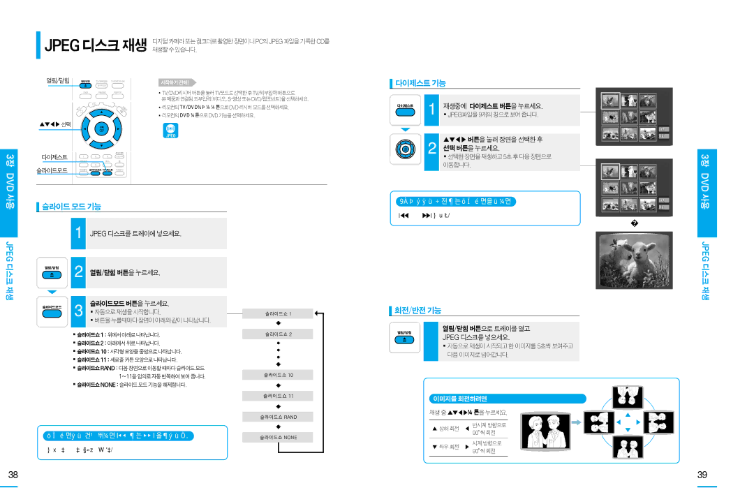 Samsung HT-DS103T, HT-DS100, HT-DS105T manual Dvd 사용, 슬라이드모드기능, 다이제스트기능, 회전/반전기능, Jpeg 디스크 재생 