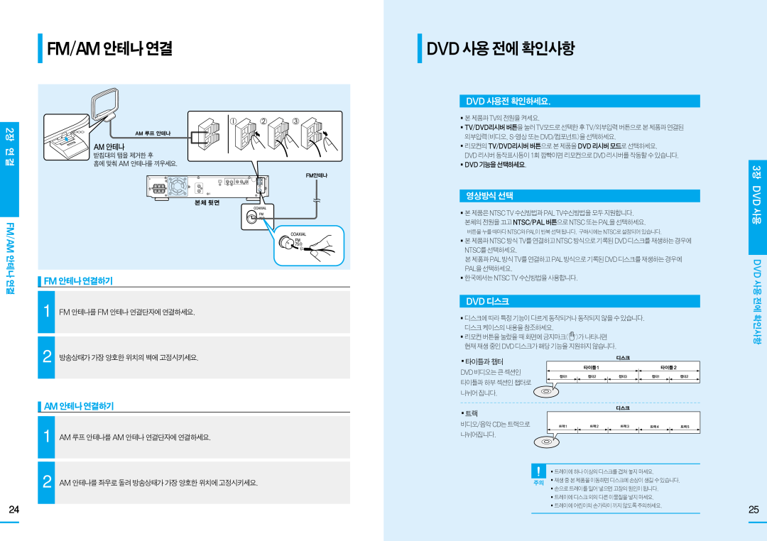 Samsung HT-DS105T Dvd사용전에확인사항, Dvd사용전확인하세요, 영상방식선택, Dvd디스크, 3장 DVD 사용, Am안테나연결하기, Fm/Am 안테나, Fm안테나연결하기, Dvd 사용 전, 에 확인사항 