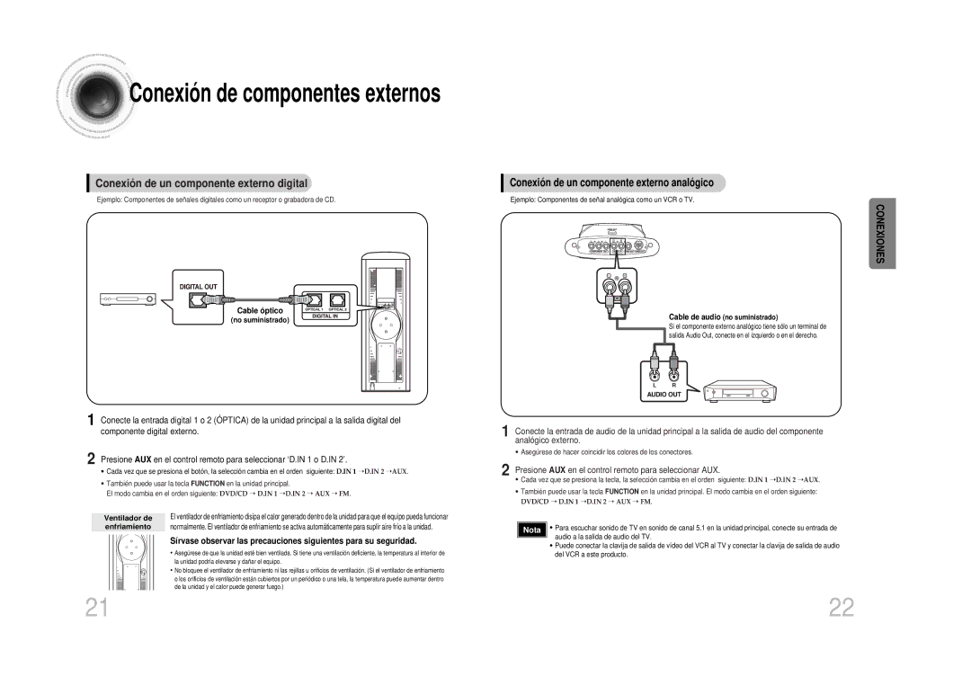 Samsung HT-DS100 Conexión de un componente externo analógico, Cable óptico, No suministrado, Ventilador de enfriamiento 