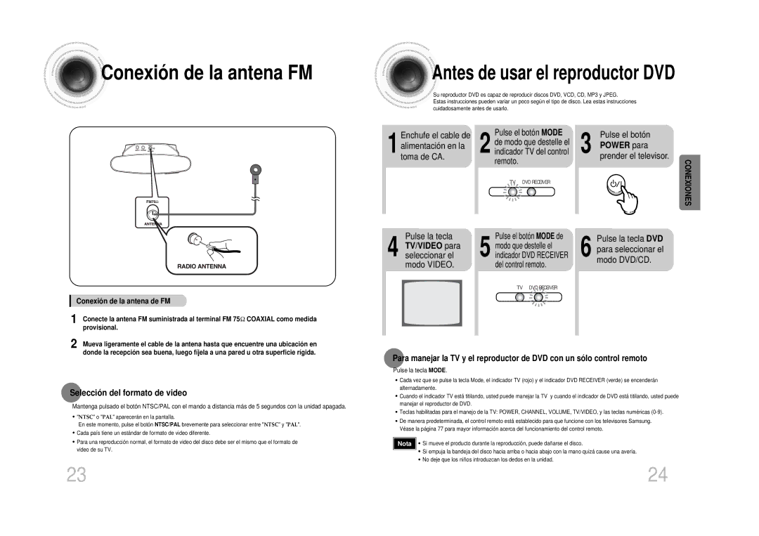 Samsung HTDS100RH/EDC Conexión de la antena FM, TV/VIDEO para seleccionar el modo Video, Selección del formato de video 