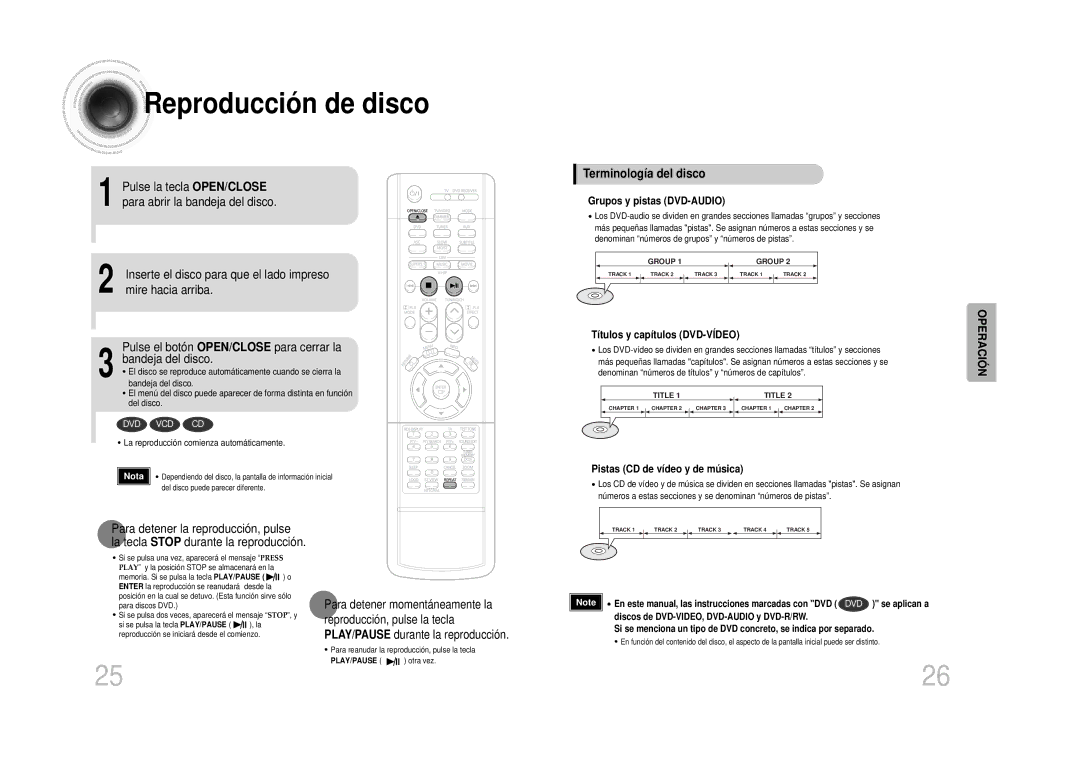 Samsung HT-DS100, HTDS100RH/EDC manual Reproducción de disco, Mire hacia arriba, Bandeja del disco, Terminología del disco 