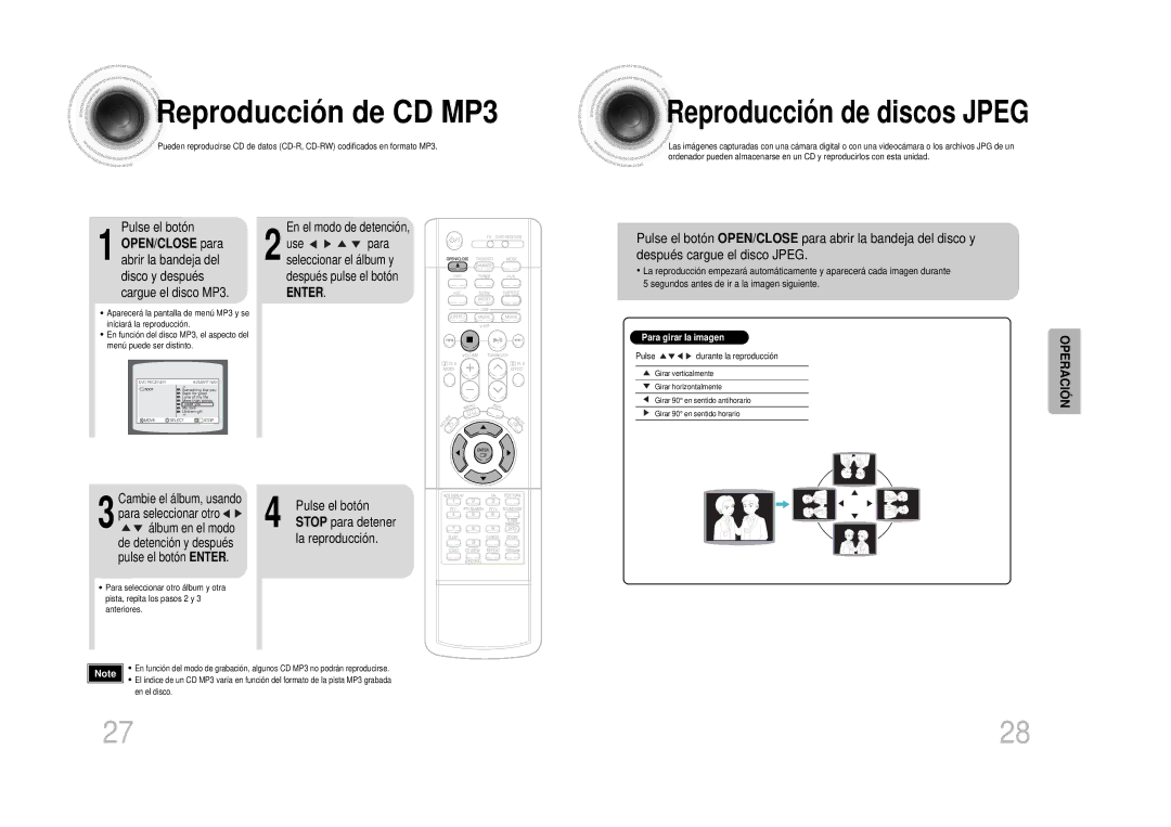 Samsung HTDS100RH/EDC, HT-DS100 manual Reproducción de CD MP3, OPEN/CLOSE para 