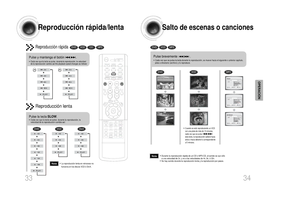 Samsung HT-DS100 Reproducción rápida/lenta, Salto de escenas o canciones, Pulse y mantenga el botón, Pulse brevemente 