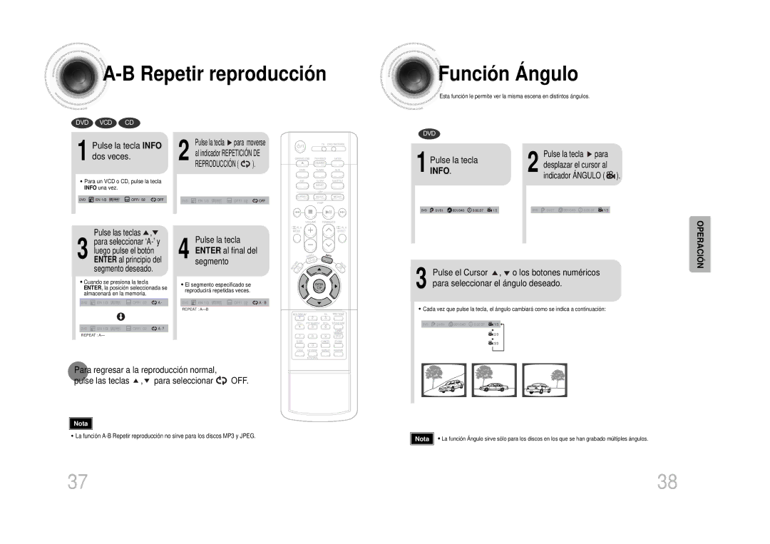 Samsung HT-DS100 Repetir reproducción Función Ángulo, Pulse la tecla Info dos veces, Pulse la tecla para, Indicador Ángulo 