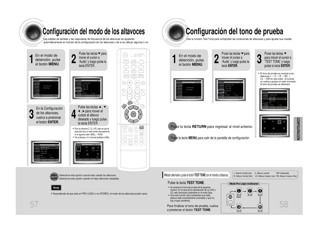 Samsung HT-DS100 Configuración del tono de prueba, Pulse la tecla Test Tone, Para finalizar el tono de prueba, vuelva 