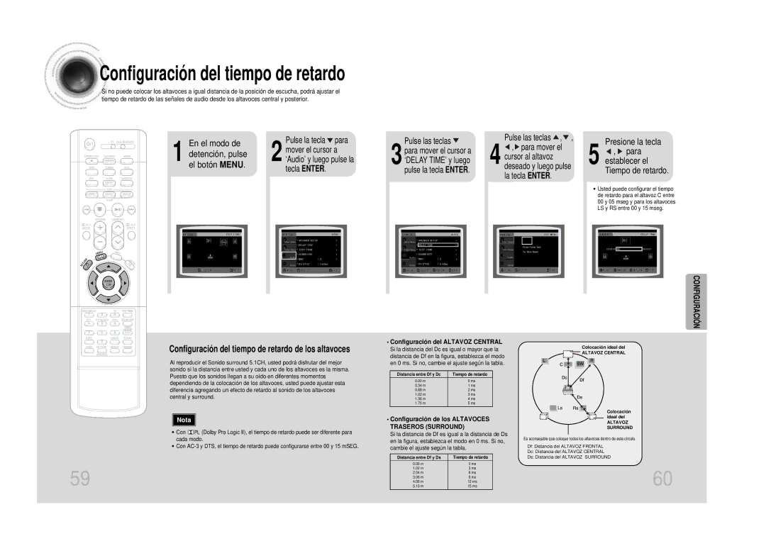 Samsung HTDS100RH/EDC Configuración del tiempo de retardo de los altavoces, Tecla Enter, Configuración del Altavoz Central 