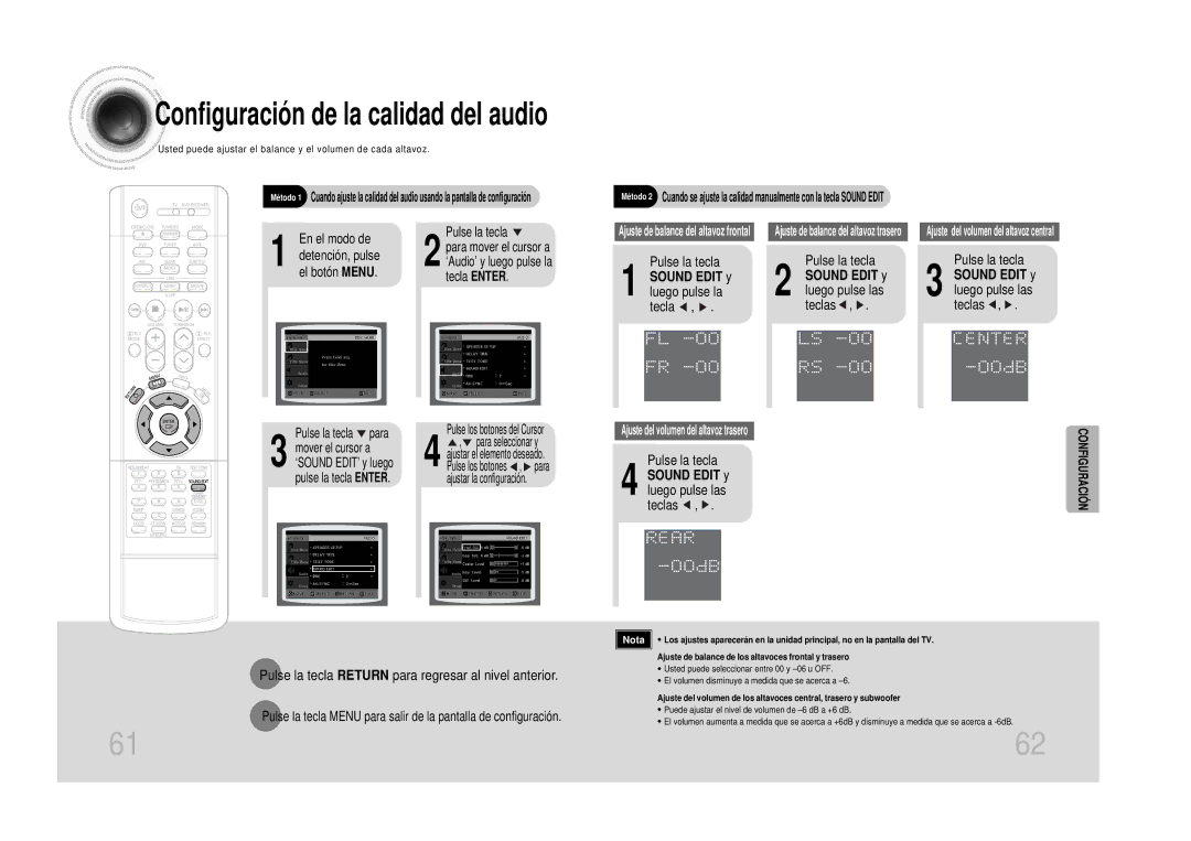 Samsung HT-DS100, HTDS100RH/EDC Sound Edit y luego pulse las teclas, En el modo de Pulse la tecla, Detención, pulse 