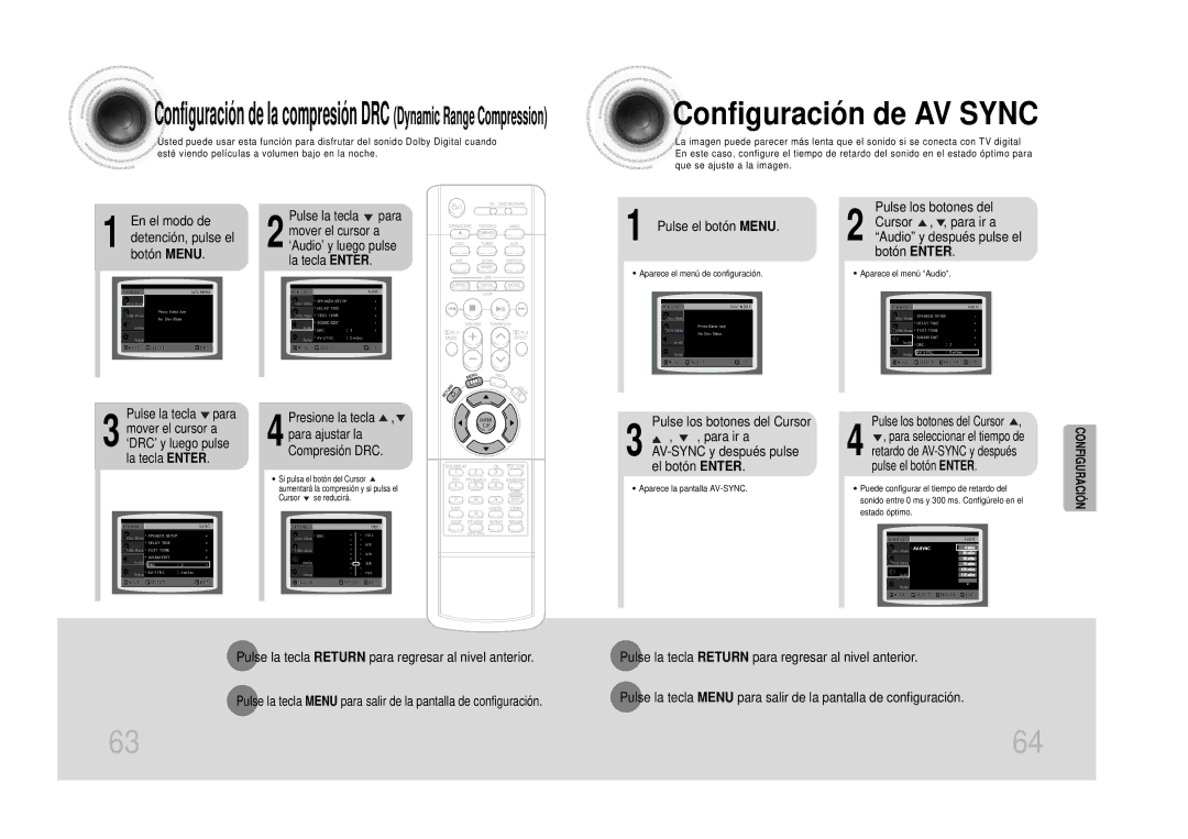 Samsung HTDS100RH/EDC, HT-DS100 manual Configuración de AV Sync, Pulse el botón Menu 