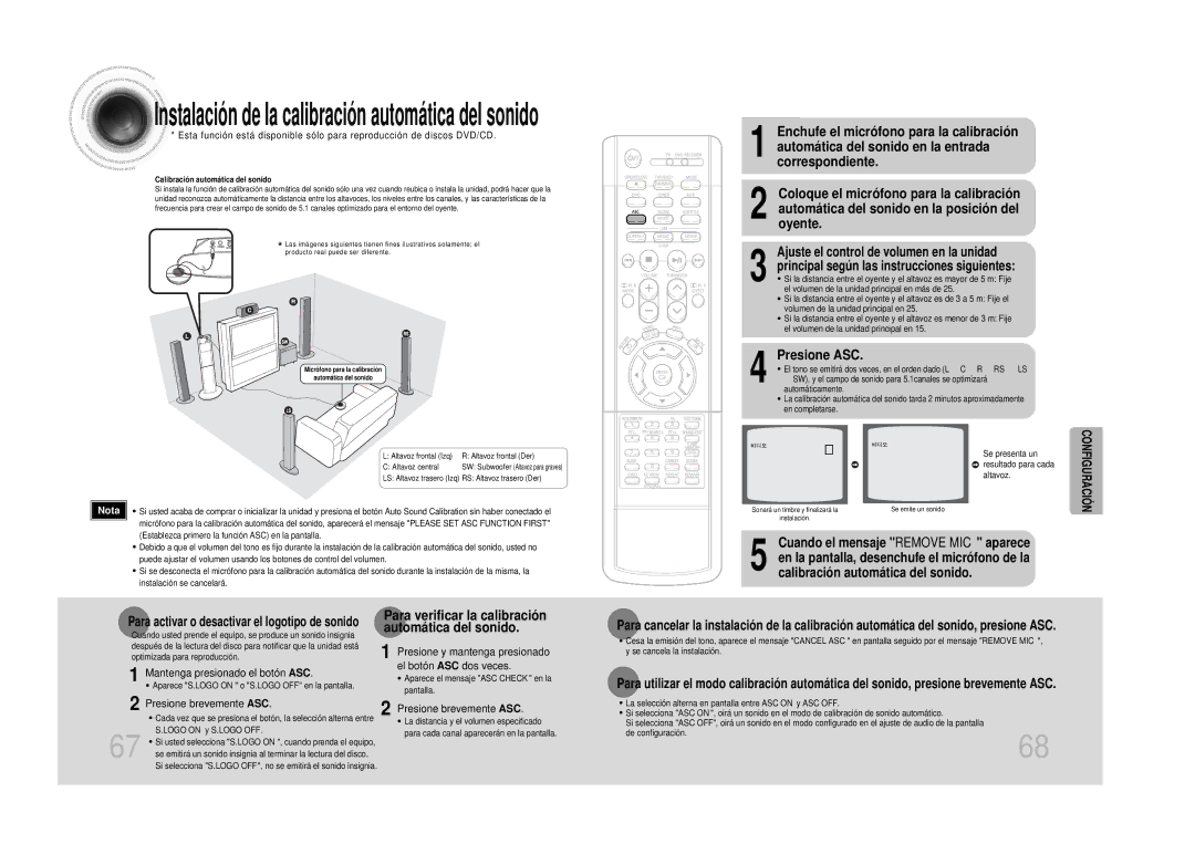 Samsung HTDS100RH/EDC, HT-DS100 manual Presione ASC, Para verificar la calibración automática del sonido 