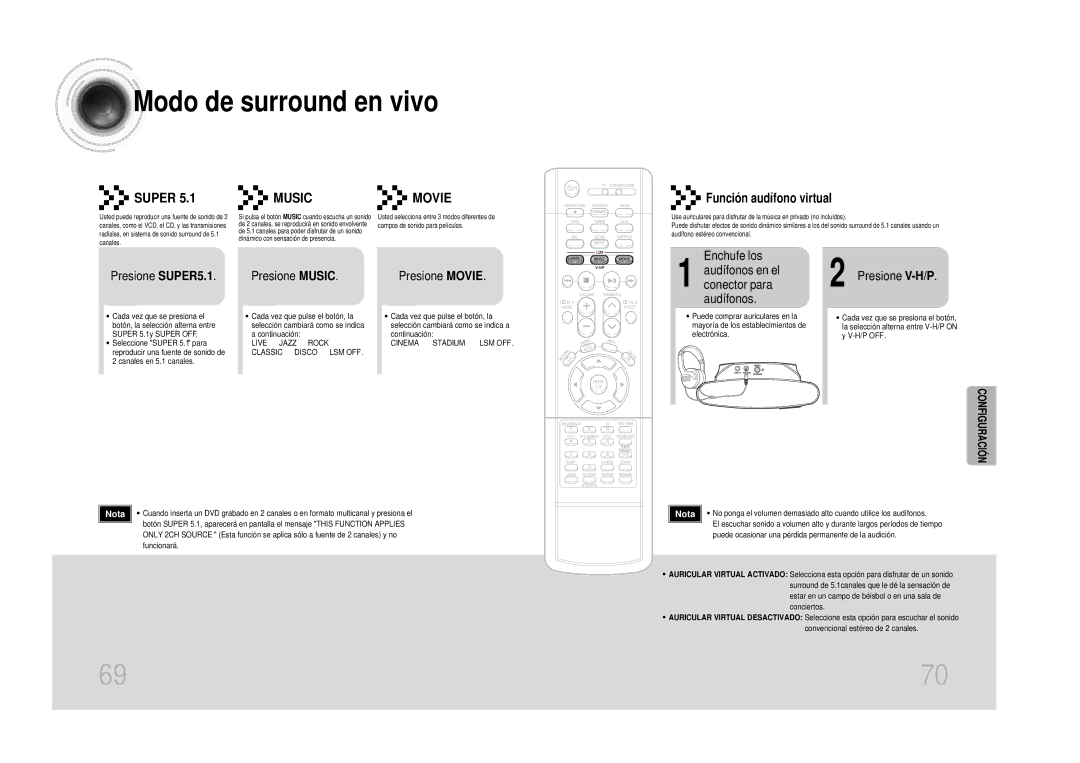 Samsung HT-DS100, HTDS100RH/EDC Modo de surround en vivo, Enchufe los Presione SUPER5.1, Presione Music, Presione Movie 