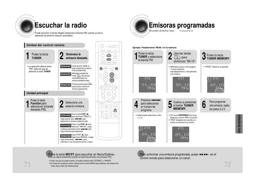 Samsung HTDS100RH/EDC, HT-DS100 manual Escuchar la radio, Emisoras programadas, Unidad del control remoto, Unidad principal 