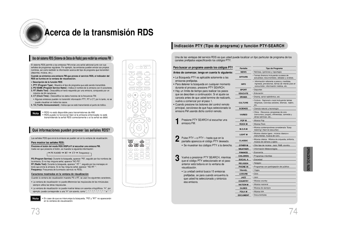 Samsung HT-DS100, HTDS100RH/EDC manual Acerca de la transmisión RDS, Indicación PTY Tipo de programa y función PTY-SEARCH 