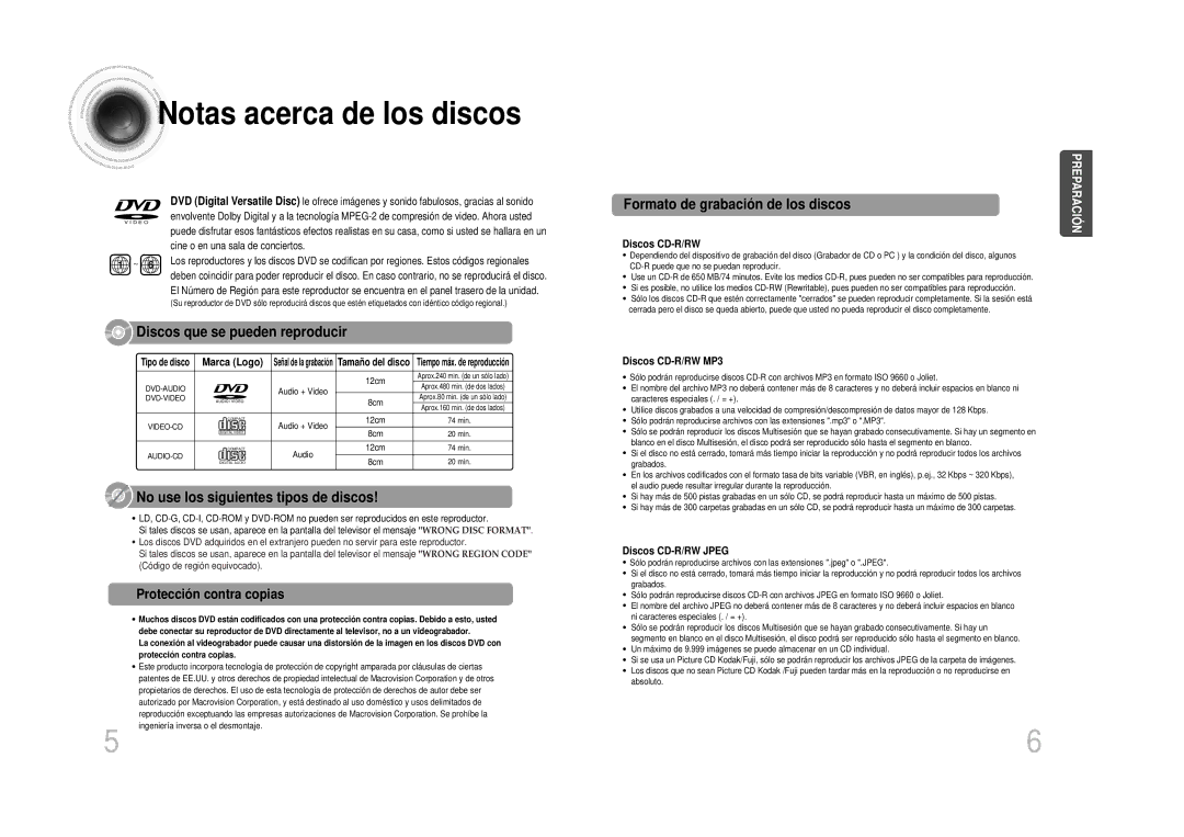 Samsung HT-DS100 manual Notas acerca de los discos, Discos que se pueden reproducir, No use los siguientes tipos de discos 