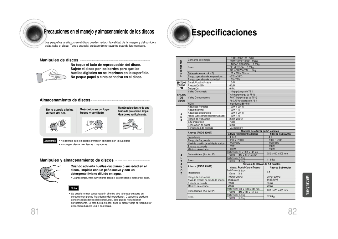 Samsung HT-DS100 manual Especificaciones, Precauciones en el manejo y almacenamiento de los discos, Manipuleo de discos 