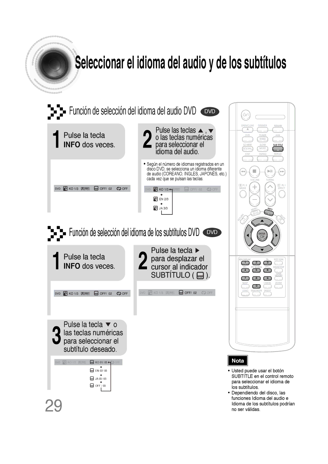 Samsung HT-DS100, HTDS100RH/EDC manual Pulse la tecla o, 1Pulse la tecla Info dos veces, Cursor al indicador Subtítulo 