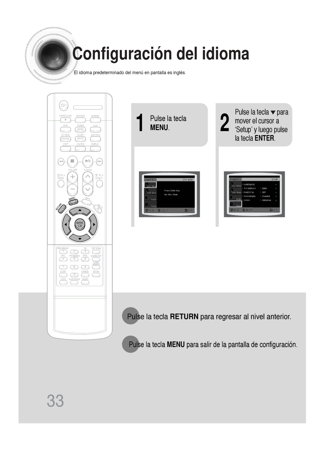 Samsung HT-DS100, HTDS100RH/EDC manual Configuración del idioma, Pulse la tecla Menu 