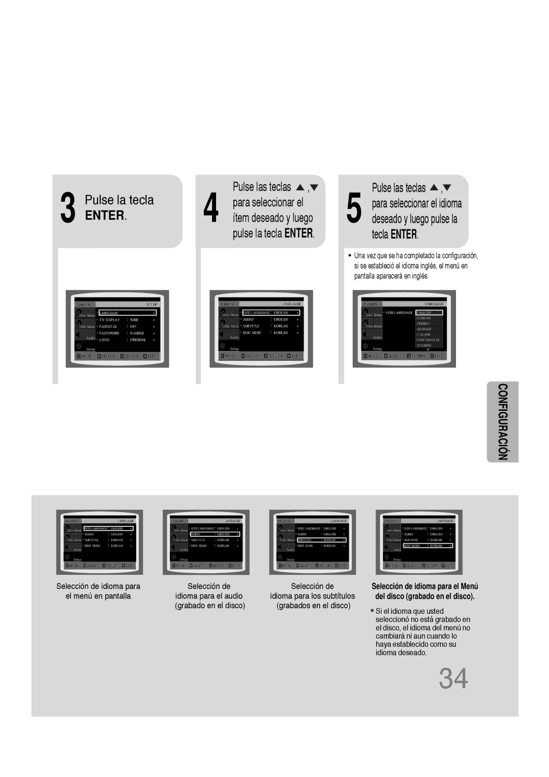 Samsung HTDS100RH/EDC, HT-DS100 manual Pulse la tecla Enter, Deseado y luego pulse la tecla Enter 