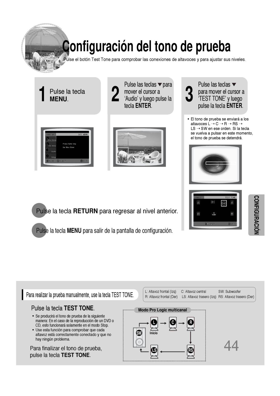 Samsung HTDS100RH/EDC, HT-DS100 manual Tecla Enter, Pulse la tecla Test Tone 