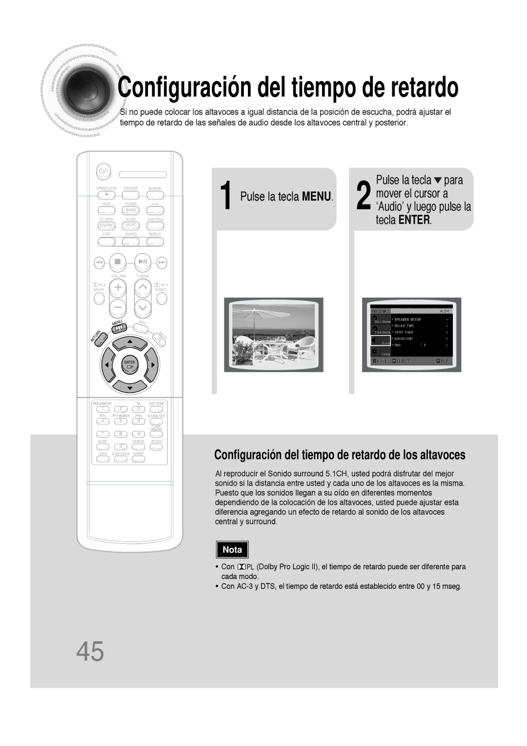 Samsung HT-DS100, HTDS100RH/EDC manual Configuración del tiempo de retardo 